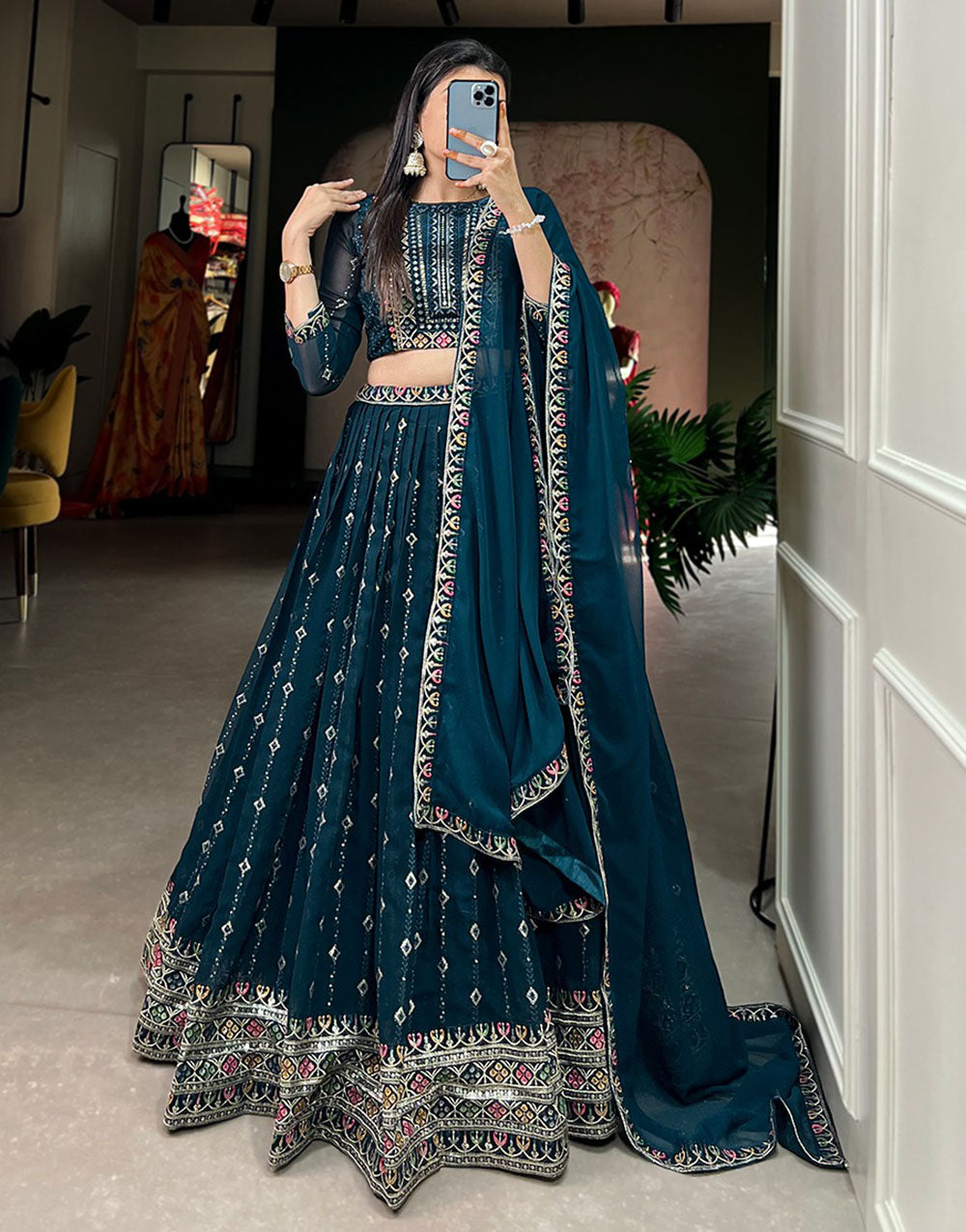 Prussian Blue Georgette With Sequence & Thread Embroidery Lehenga Choli