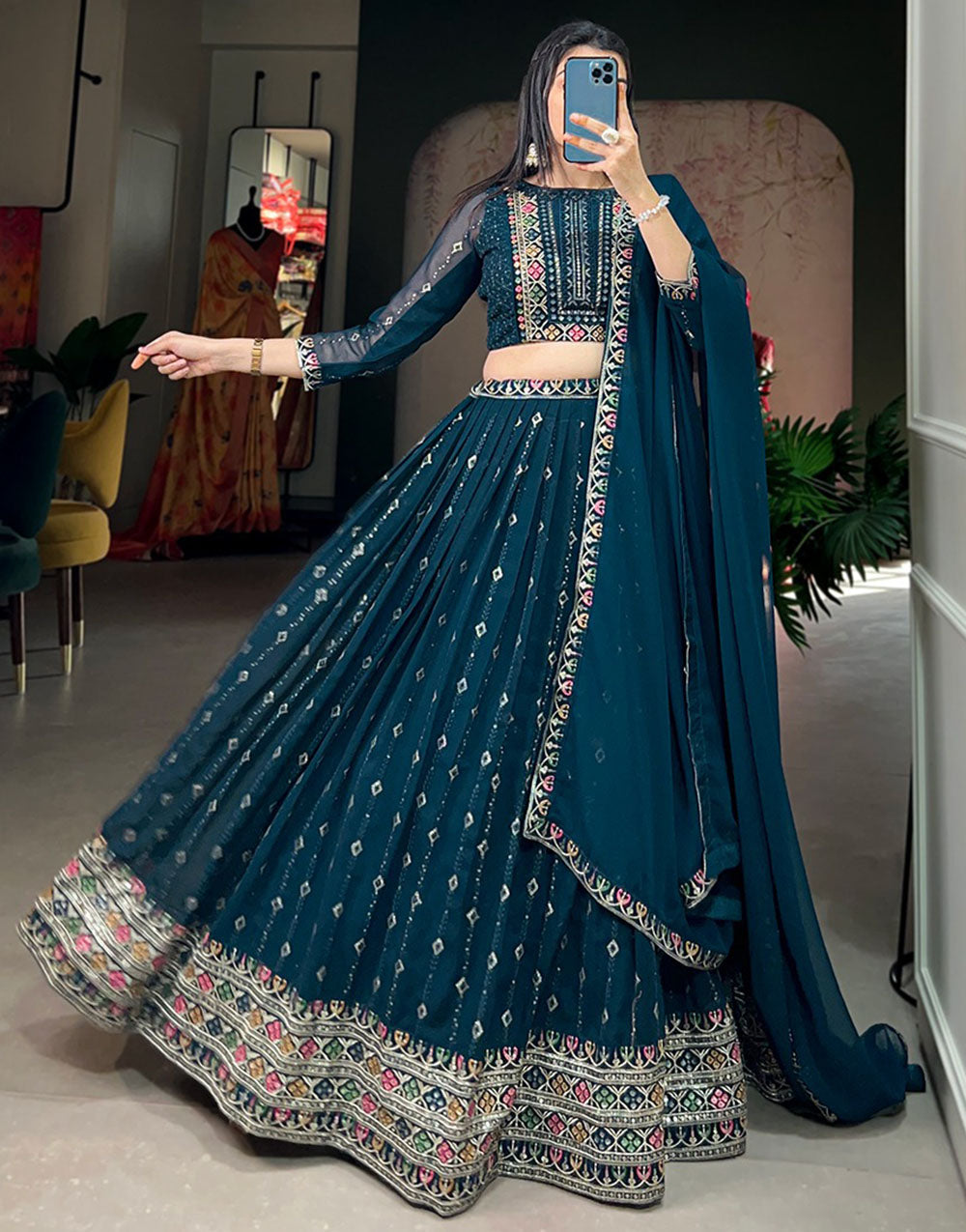 Prussian Blue Georgette With Sequence & Thread Embroidery Lehenga Choli