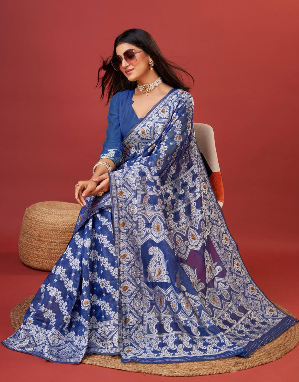 Blue Cotton Saree With Zari Weaving Work