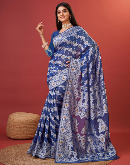 Blue Cotton Saree With Zari Weaving Work