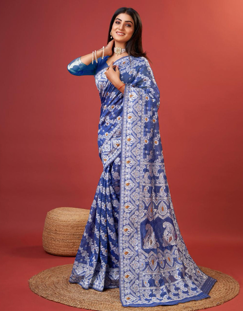 Blue Cotton Saree With Zari Weaving Work