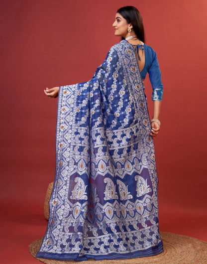 Blue Cotton Saree With Zari Weaving Work