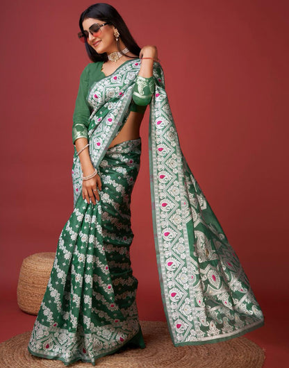 Green Cotton Saree With Zari Weaving Work