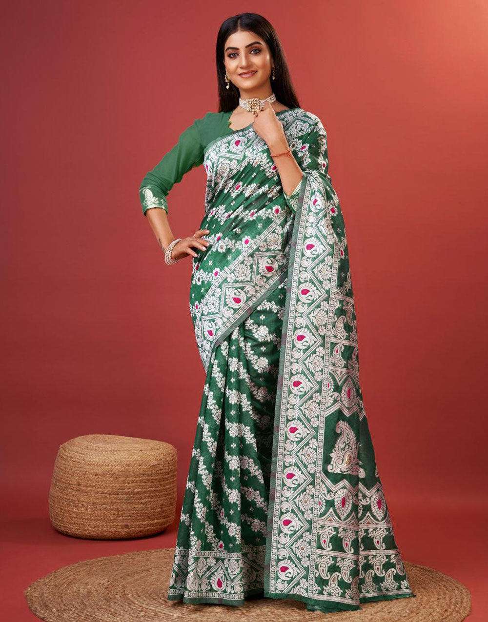 Green Cotton Saree With Zari Weaving Work