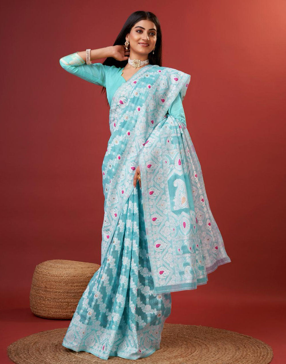 Light Blue Cotton Saree With Zari Weaving Work