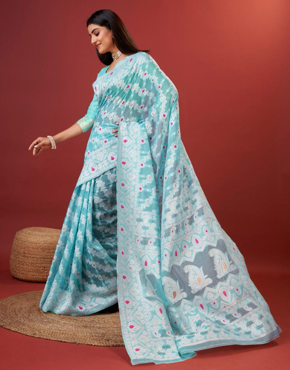 Light Blue Cotton Saree With Zari Weaving Work