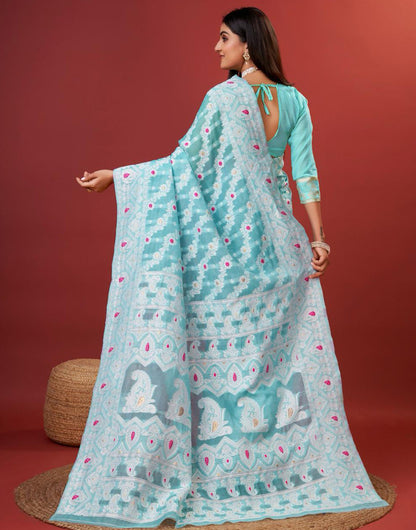 Light Blue Cotton Saree With Zari Weaving Work