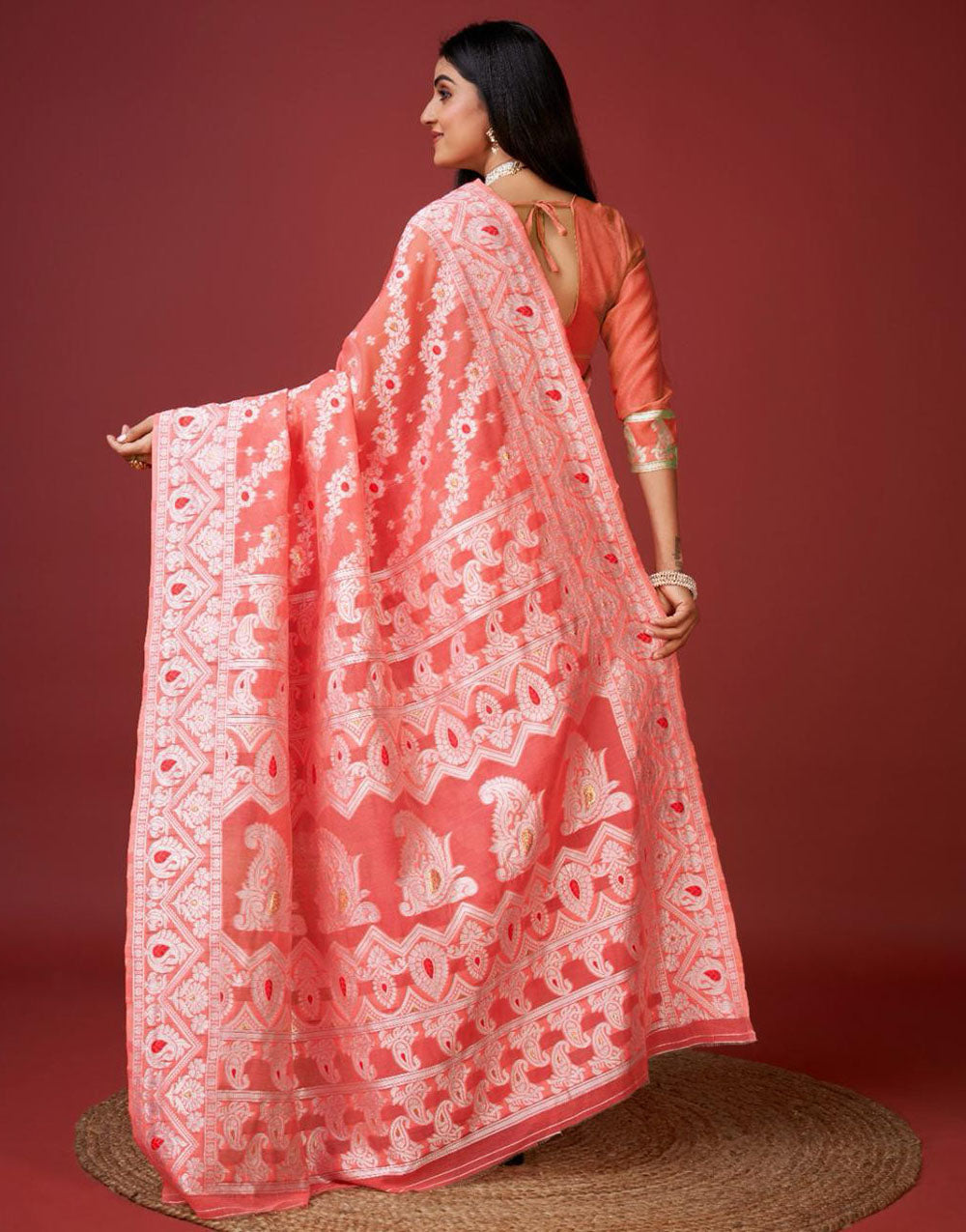 Georgia Peach Cotton Saree With Zari Weaving Work