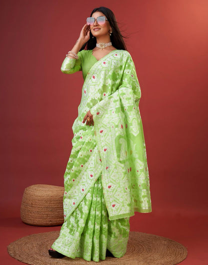 Light Green Cotton Saree With Zari Weaving Work