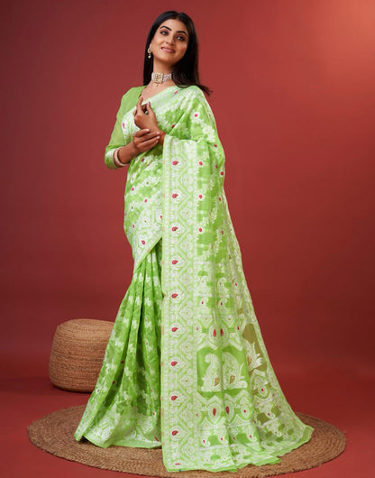 Light Green Cotton Saree With Zari Weaving Work