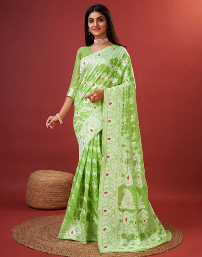 Light Green Cotton Saree With Zari Weaving Work