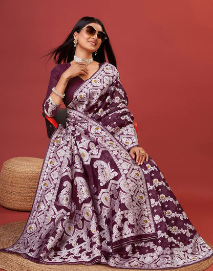 Wine Cotton Saree With Zari Weaving Work