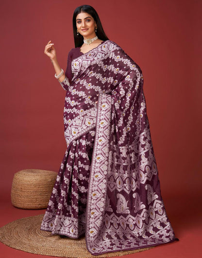 Wine Cotton Saree With Zari Weaving Work