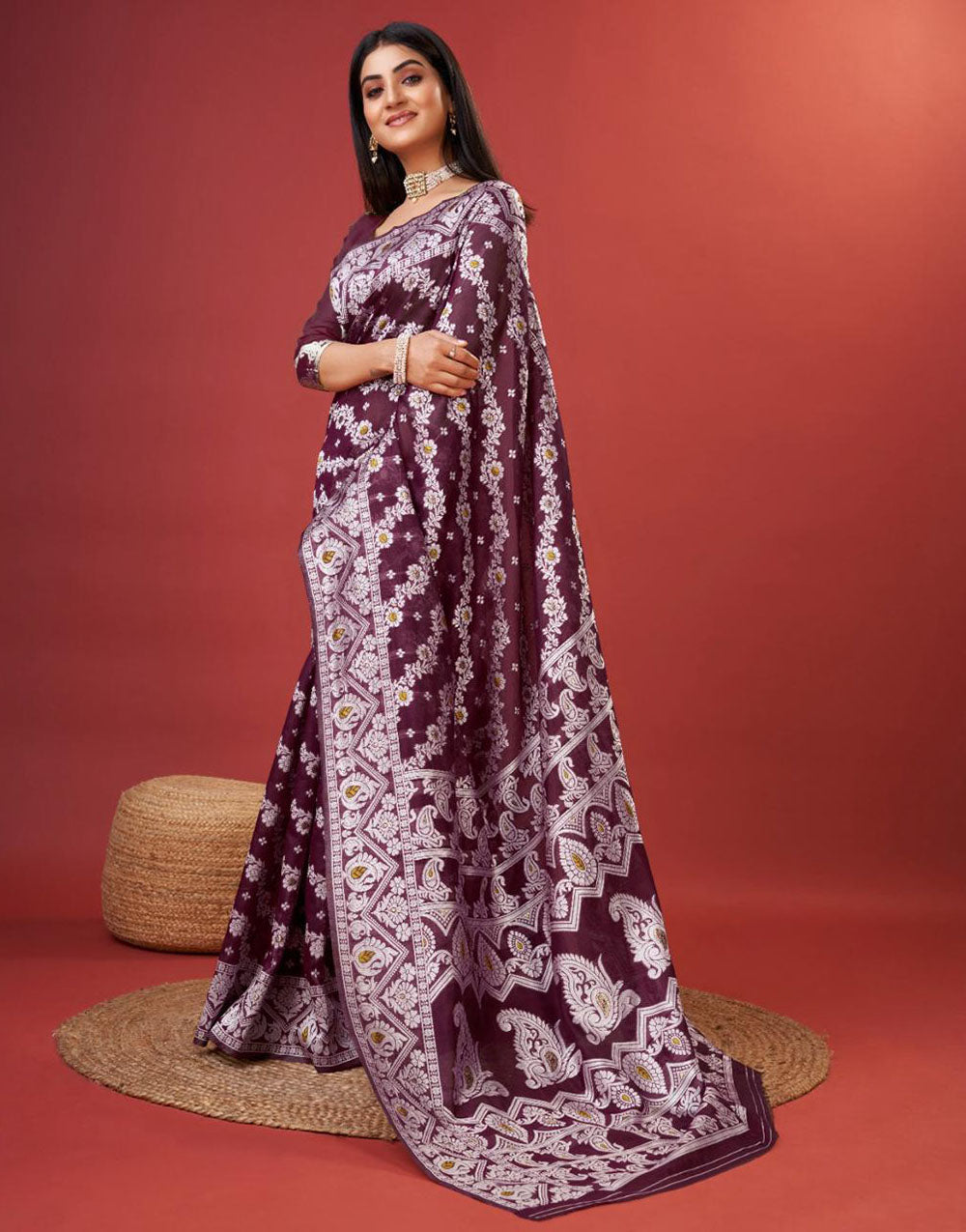 Wine Cotton Saree With Zari Weaving Work