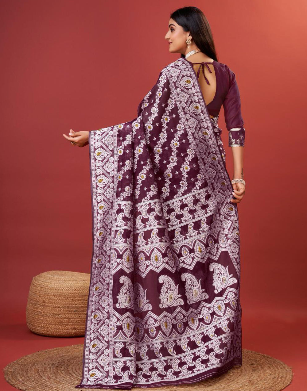 Wine Cotton Saree With Zari Weaving Work