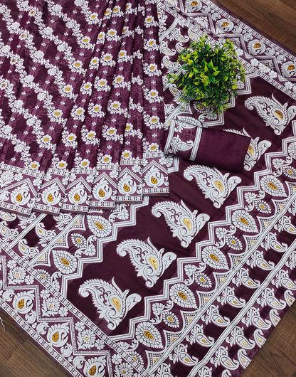 Wine Cotton Saree With Zari Weaving Work