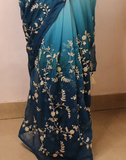 Blue Georgette With Sequence & Embroidery Saree & Stitched Blouse