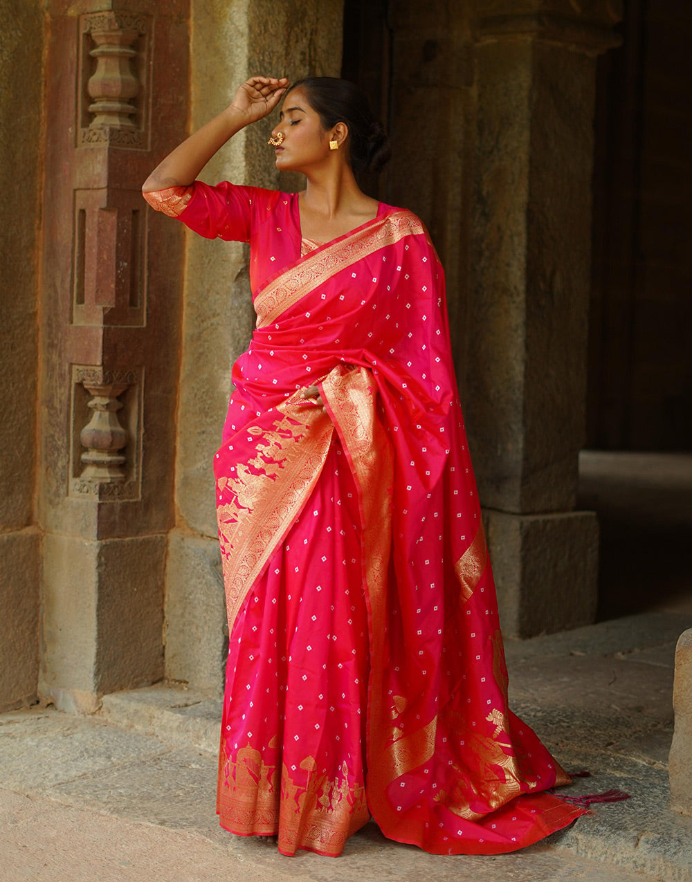 Red Pink Hand Bandhej Bandhani Saree With Zari Weaving Work