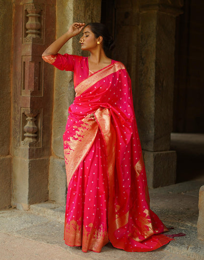 Red Pink Hand Bandhej Bandhani Saree With Zari Weaving Work