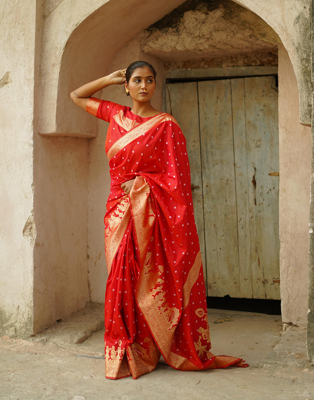 Candy Apple Red Hand Bandhej Bandhani Saree With Zari Weaving Work