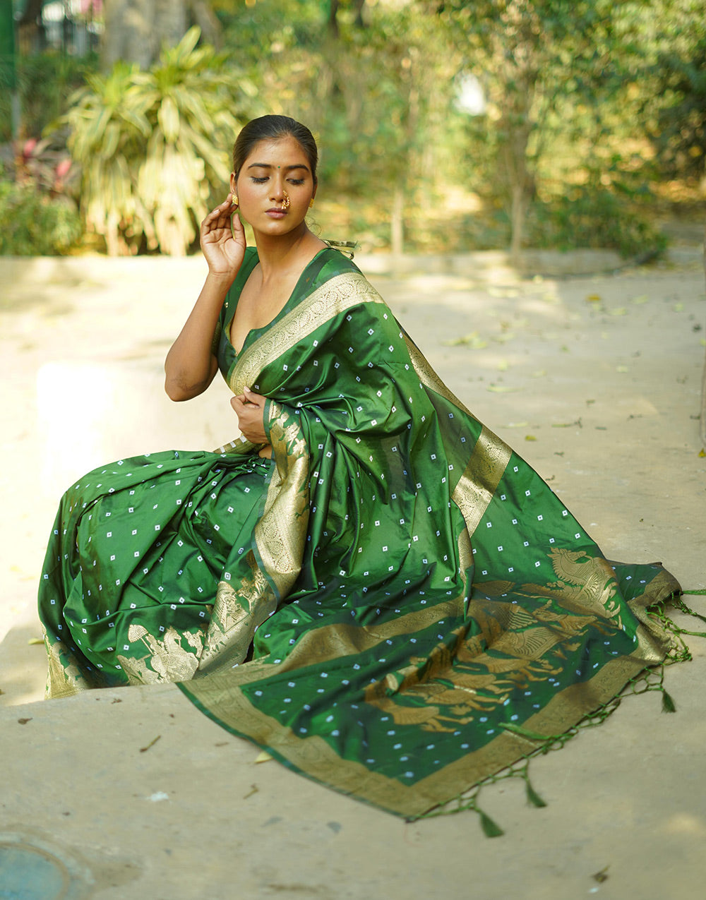 Forest Green Hand Bandhej Bandhani Saree With Zari Weaving Work