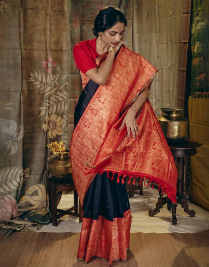 Black & Red Banarasi Silk Saree With Zari Weaving Work