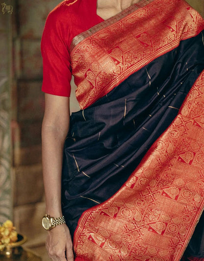 Black & Red Banarasi Silk Saree With Zari Weaving Work