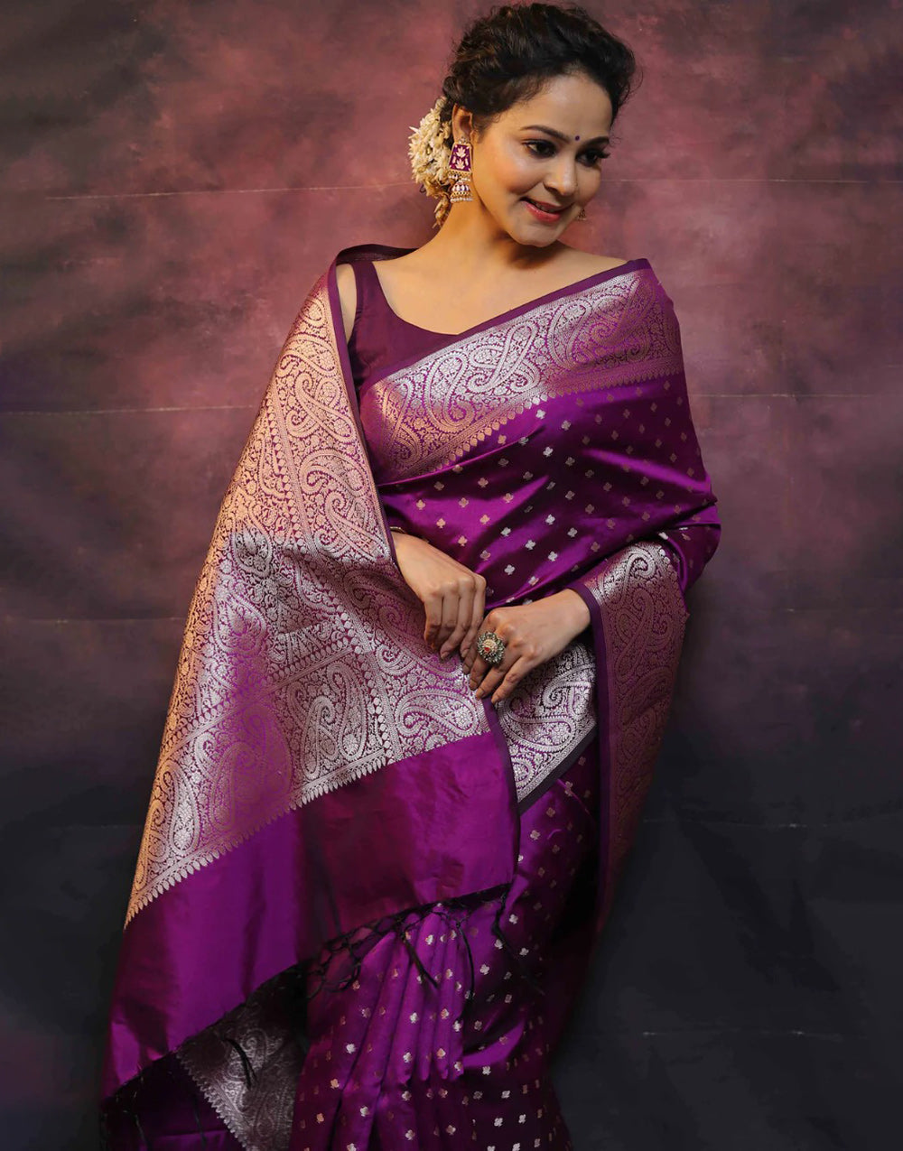 Velour Purple Banarasi Silk Saree With Zari Weaving Work