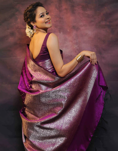 Velour Purple Banarasi Silk Saree With Zari Weaving Work