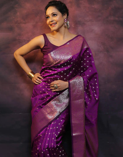 Velour Purple Banarasi Silk Saree With Zari Weaving Work