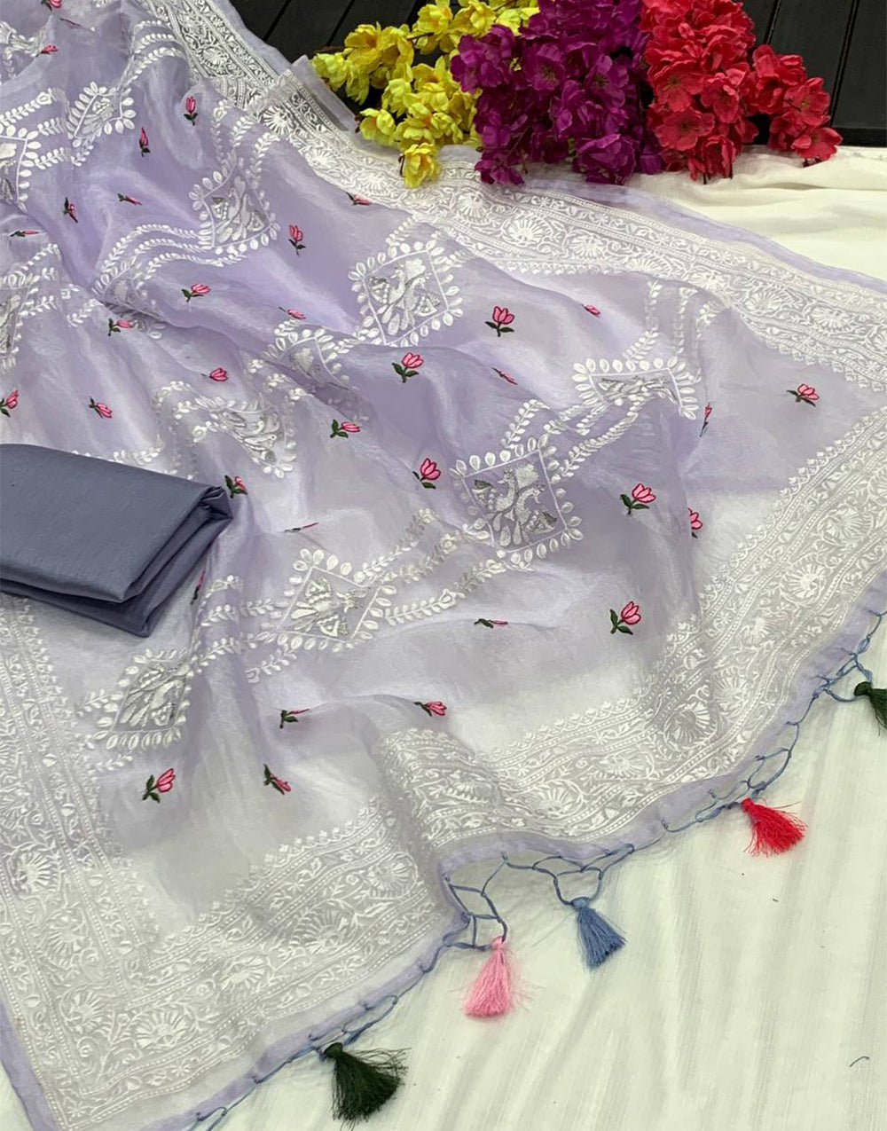 Light Lavender Organza Saree With Embroidery Work