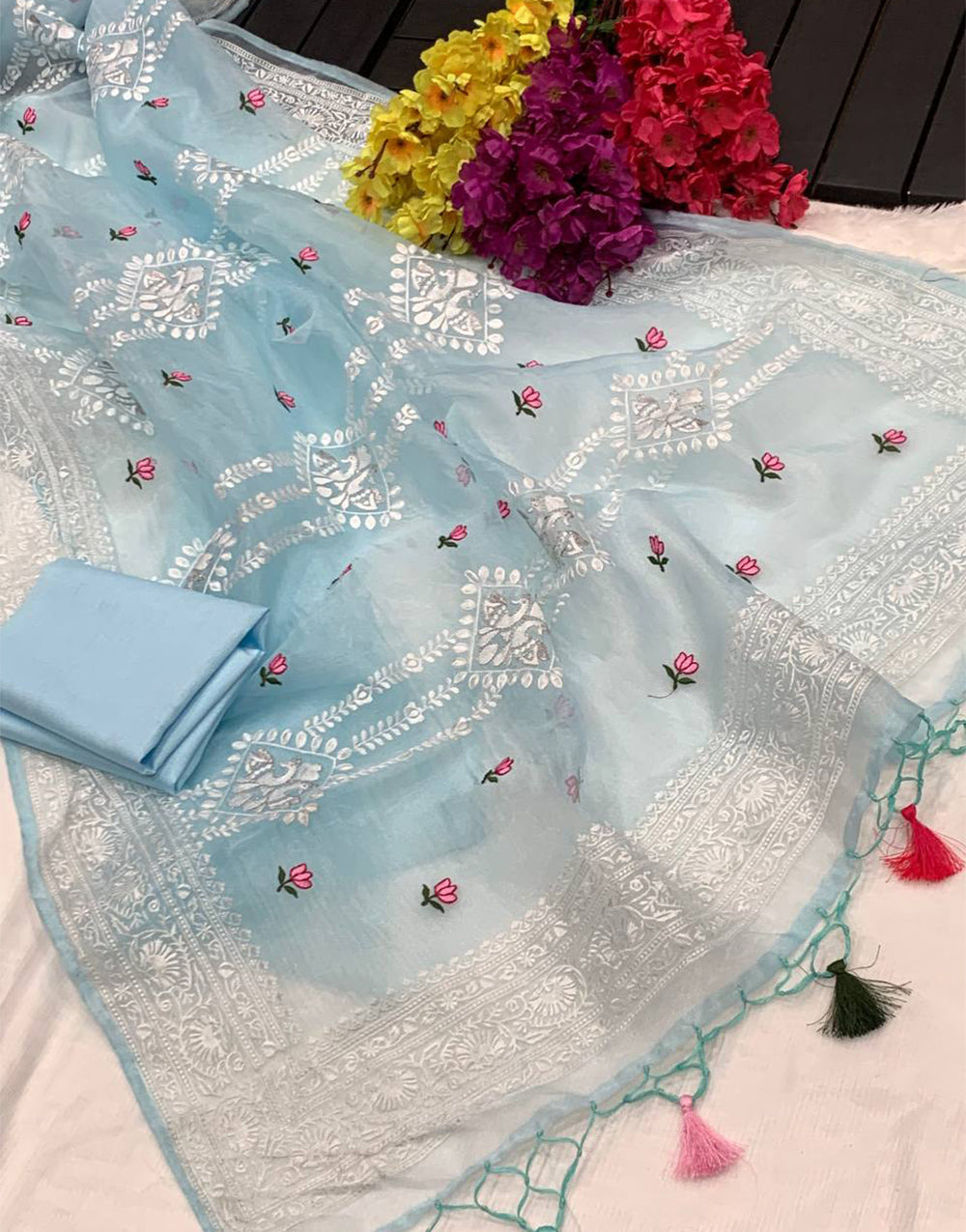 Sky Blue Organza Saree With Embroidery Work