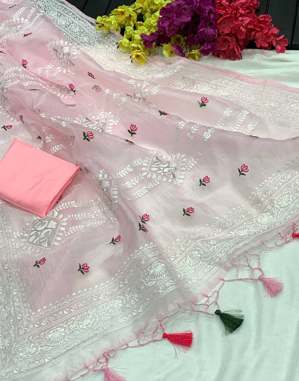 Light Pink Organza Saree With Embroidery Work