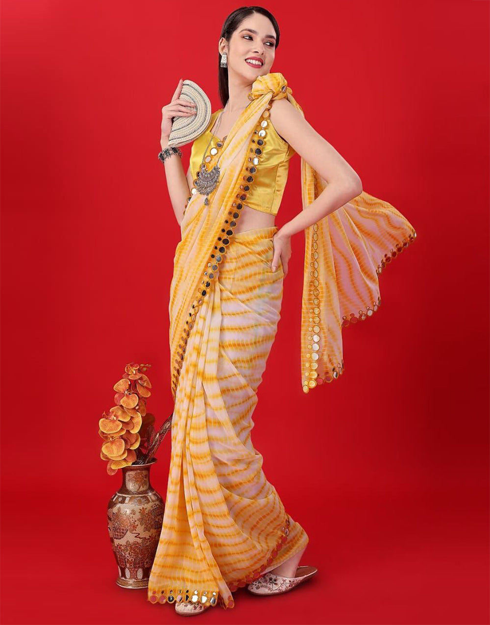 Yellow Georgette Saree With Printed Work