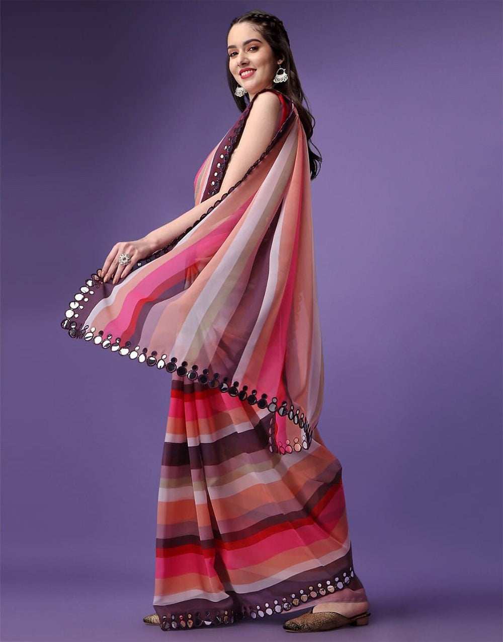 Peach & Pink Georgette Saree With Printed Work