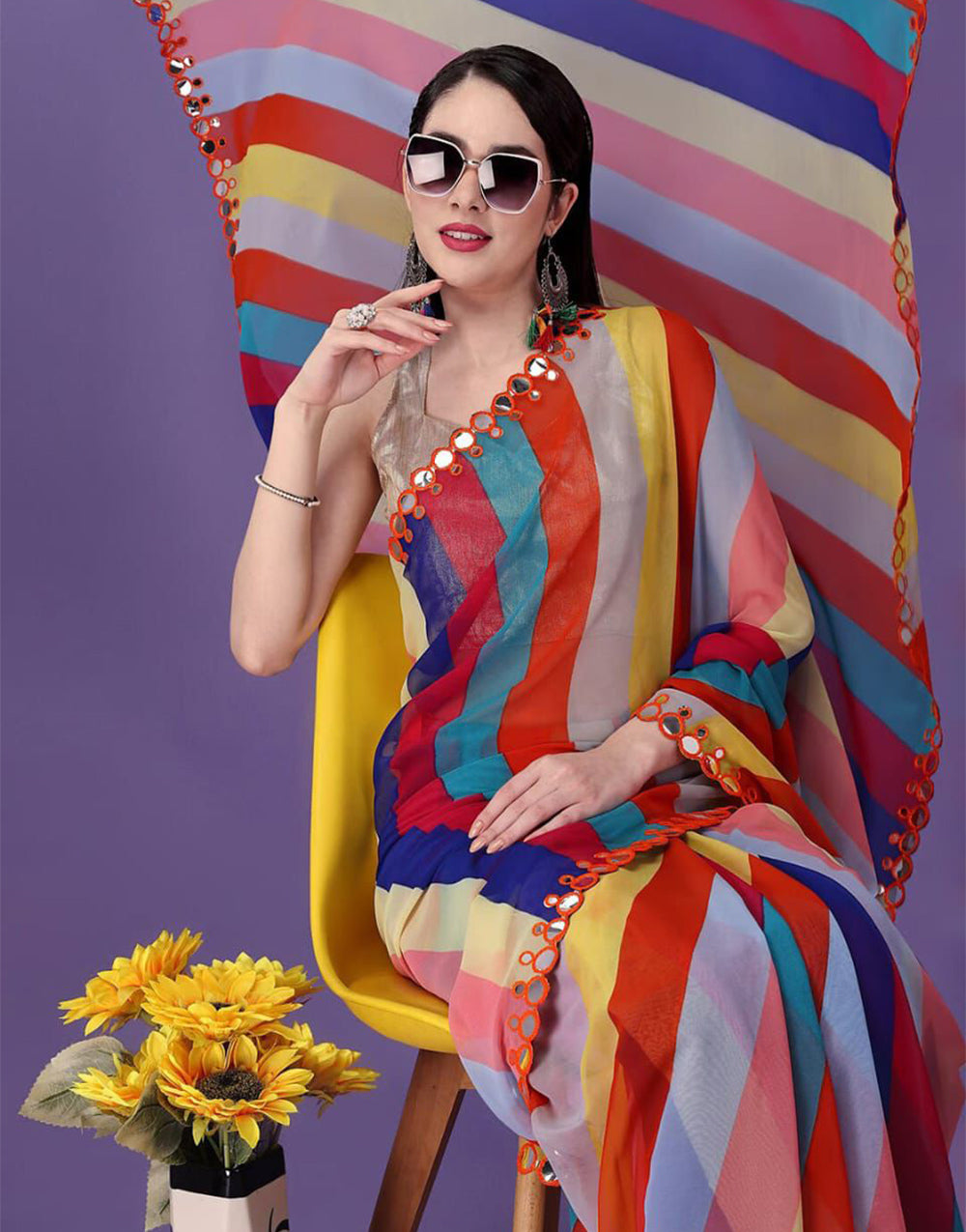 Multi-Coloured Georgette Saree With Printed Work