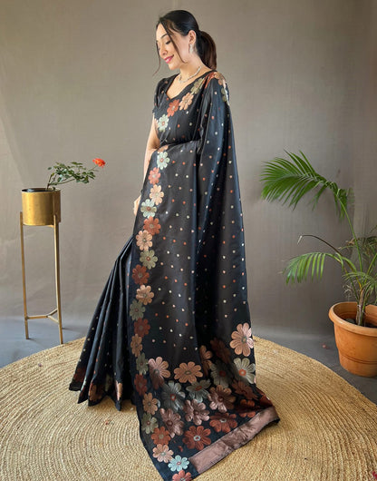 Black Banarasi Silk Saree With Zari Weaving Work Beautiful Rich Design Pallu