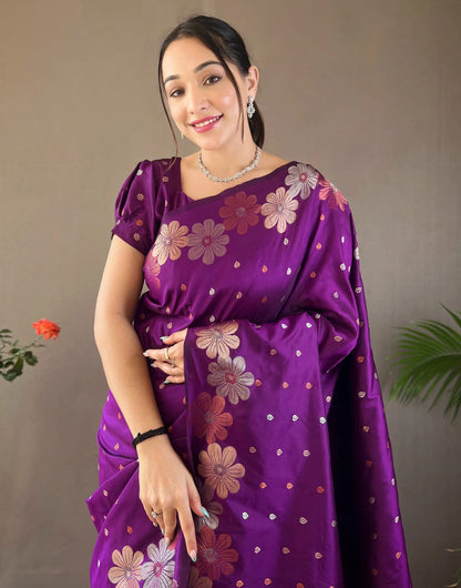 Dark Purple Banarasi Silk Saree With Zari Weaving Work Beautiful Rich Design Pallu