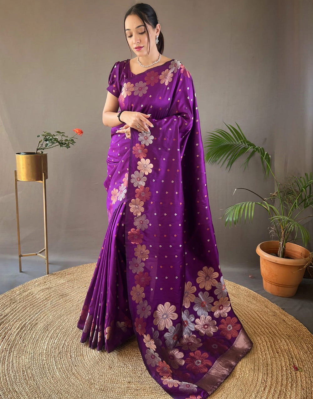 Dark Purple Banarasi Silk Saree With Zari Weaving Work Beautiful Rich Design Pallu
