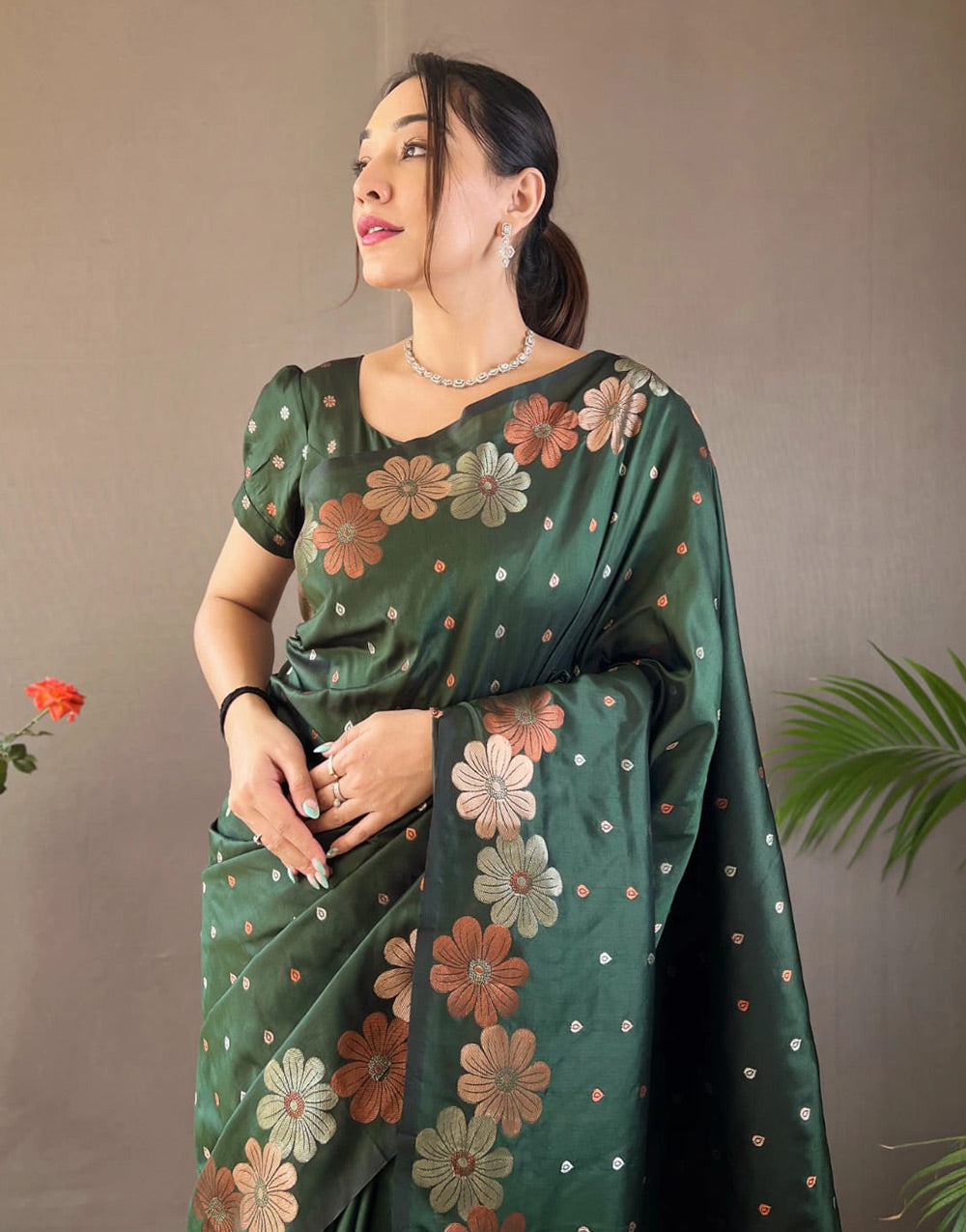 Dark Hunter Green Banarasi Silk Saree With Zari Weaving Work Beautiful Rich Design Pallu