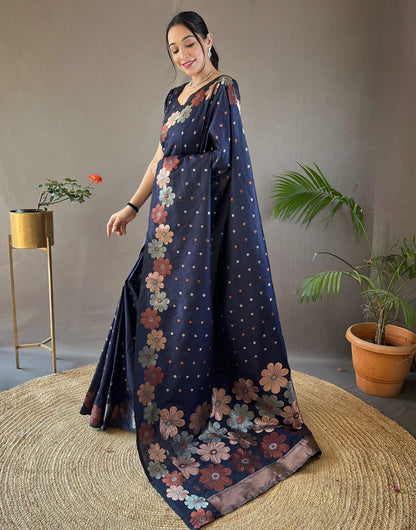 Dark Midnight Blue Banarasi Silk Saree With Zari Weaving Work Beautiful Rich Design Pallu