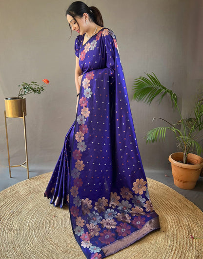 Dark Violet Blue Banarasi Silk Saree With Zari Weaving Work Beautiful Rich Design Pallu