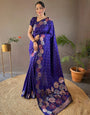 Dark Violet Blue Banarasi Silk Saree With Zari Weaving Work Beautiful Rich Design Pallu