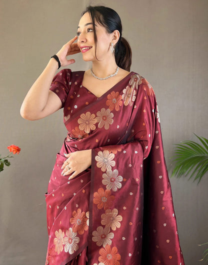 Dark Maroon Banarasi Silk Saree With Zari Weaving Work Beautiful Rich Design Pallu