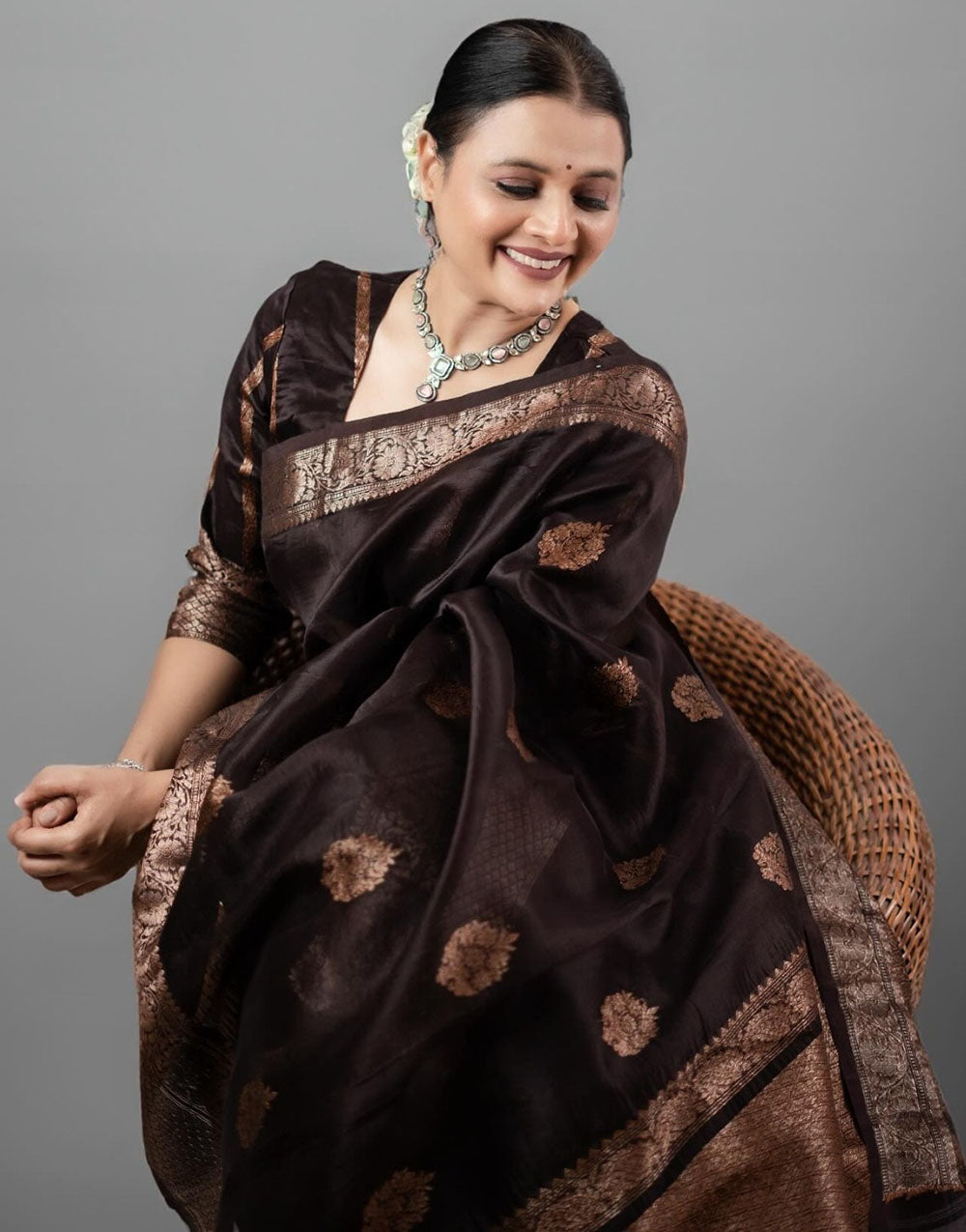 Ebony Black Banarasi Silk Saree With Zari Weaving Work