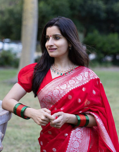 Candy Red Soft Banarasi Silk Saree With Zari Weaving Work
