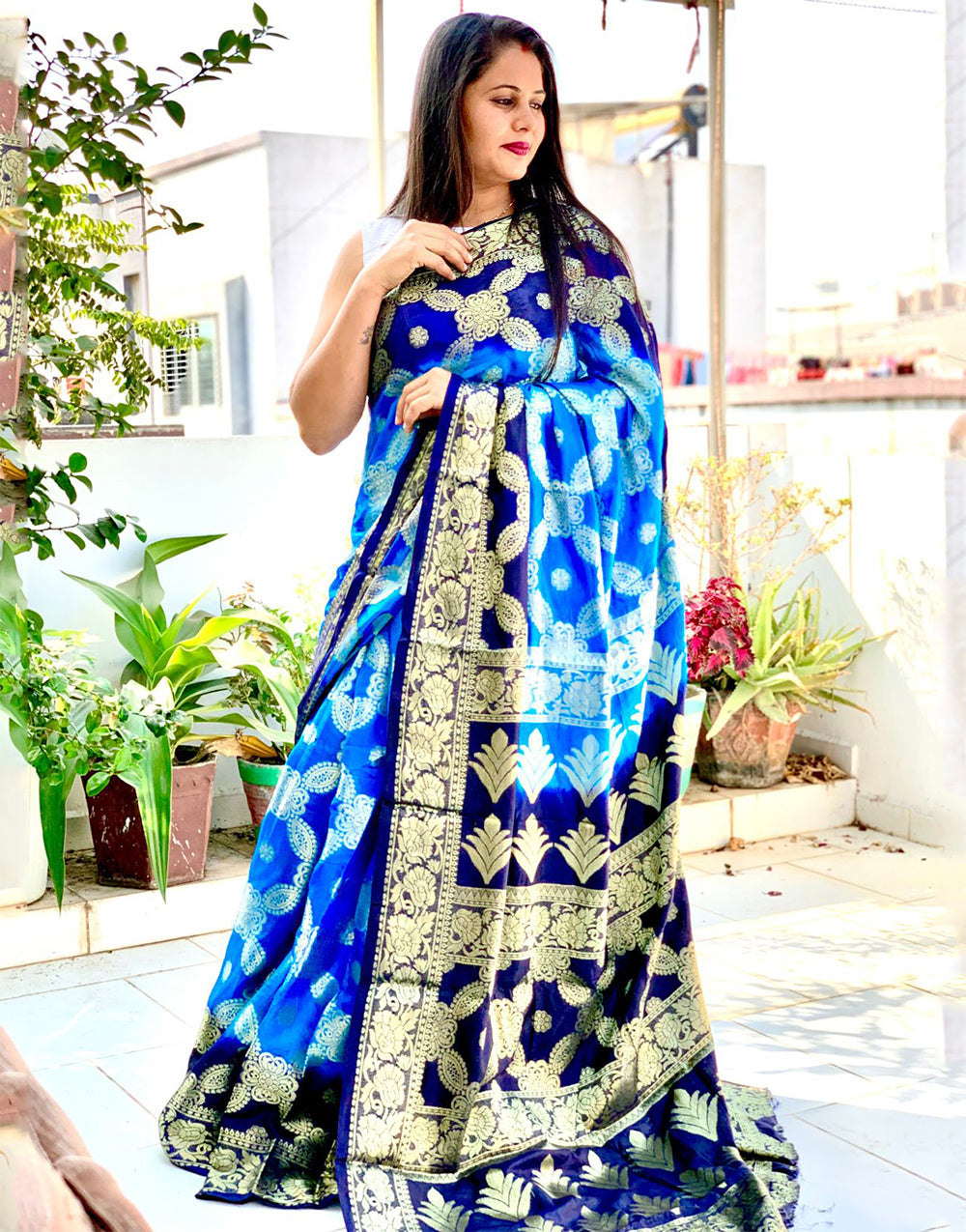 Azure Blue Hand Bandhej Bandhani Saree With Zari Weaving Work