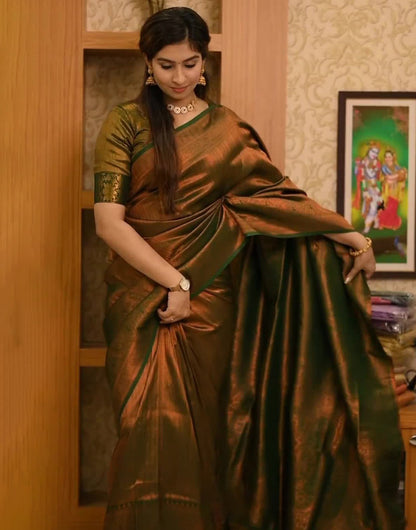 Dark Army Green Banarasi Silk Saree With Gold Zari Weaving Work