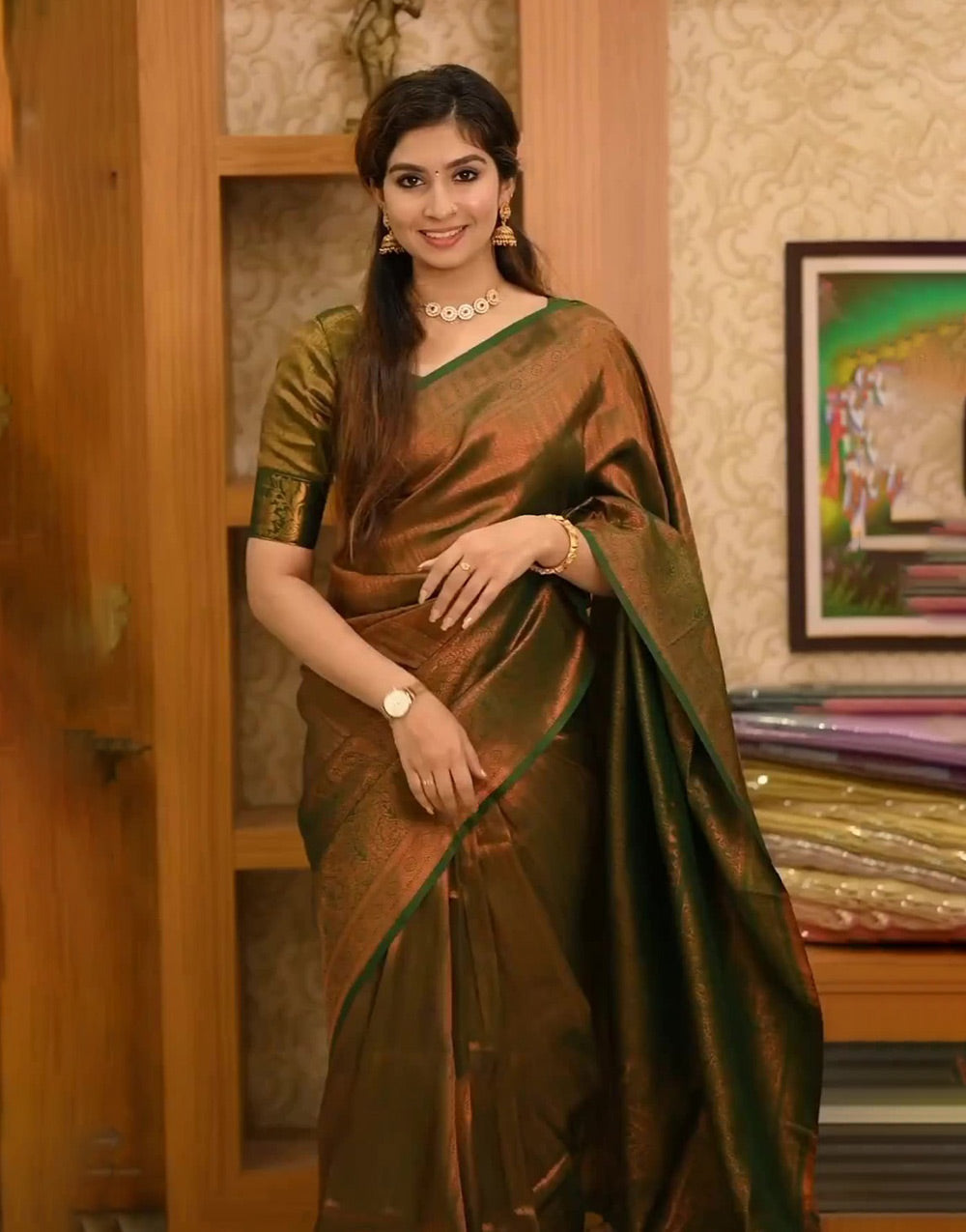 Dark Army Green Banarasi Silk Saree With Gold Zari Weaving Work