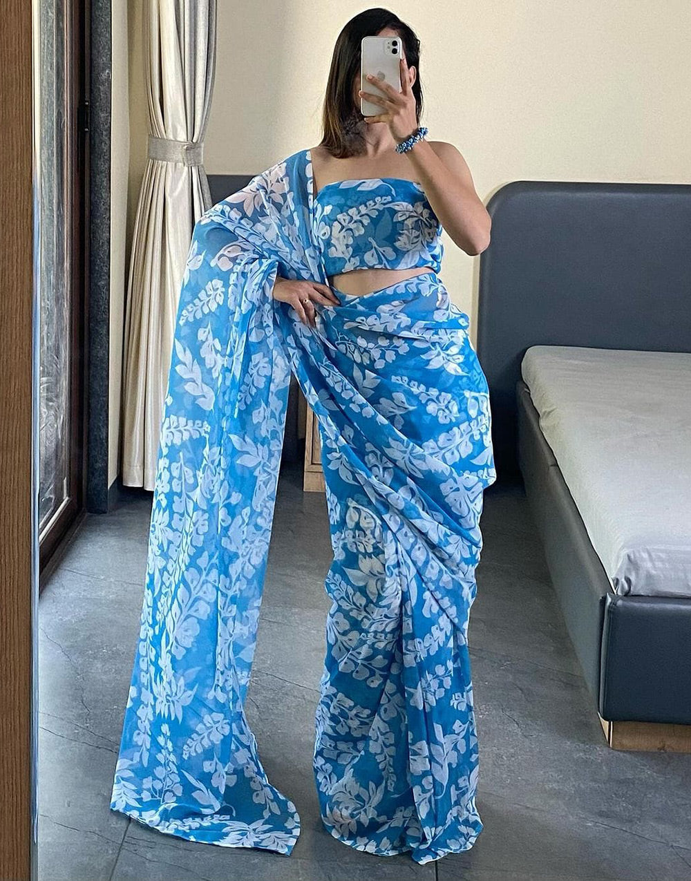 Dodger Blue Pure Soft Georgette With Printed Ready To Wear Saree